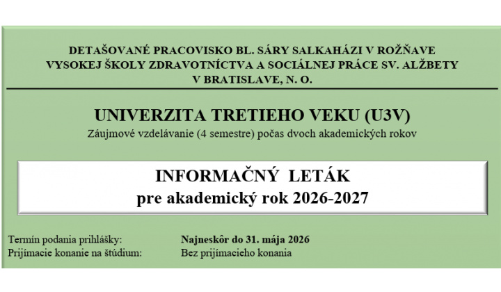 Ponuka štúdia – Sociálna práca / Ošetrovateľstvo / Univerzita tretieho veku (Rožňava)